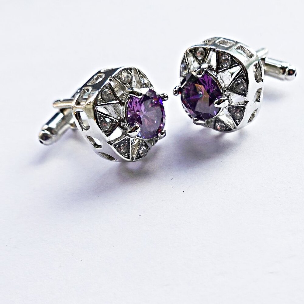 Purple Crystal Silver Cufflinks